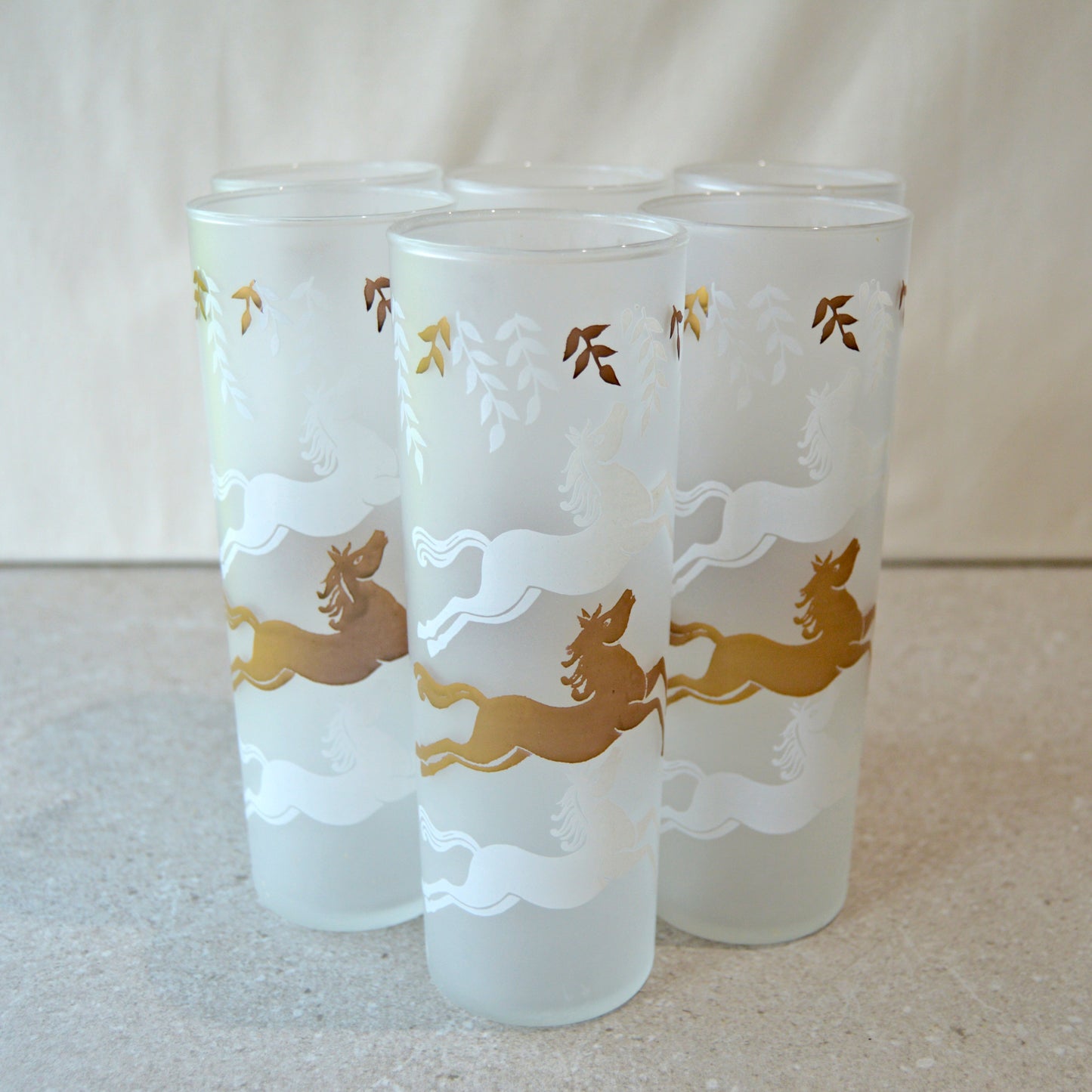 Vintage MCM Libbey Cavalcade Collection Tall Frosted Tom Collins Highball Glasses, Set of 6 (1950s)