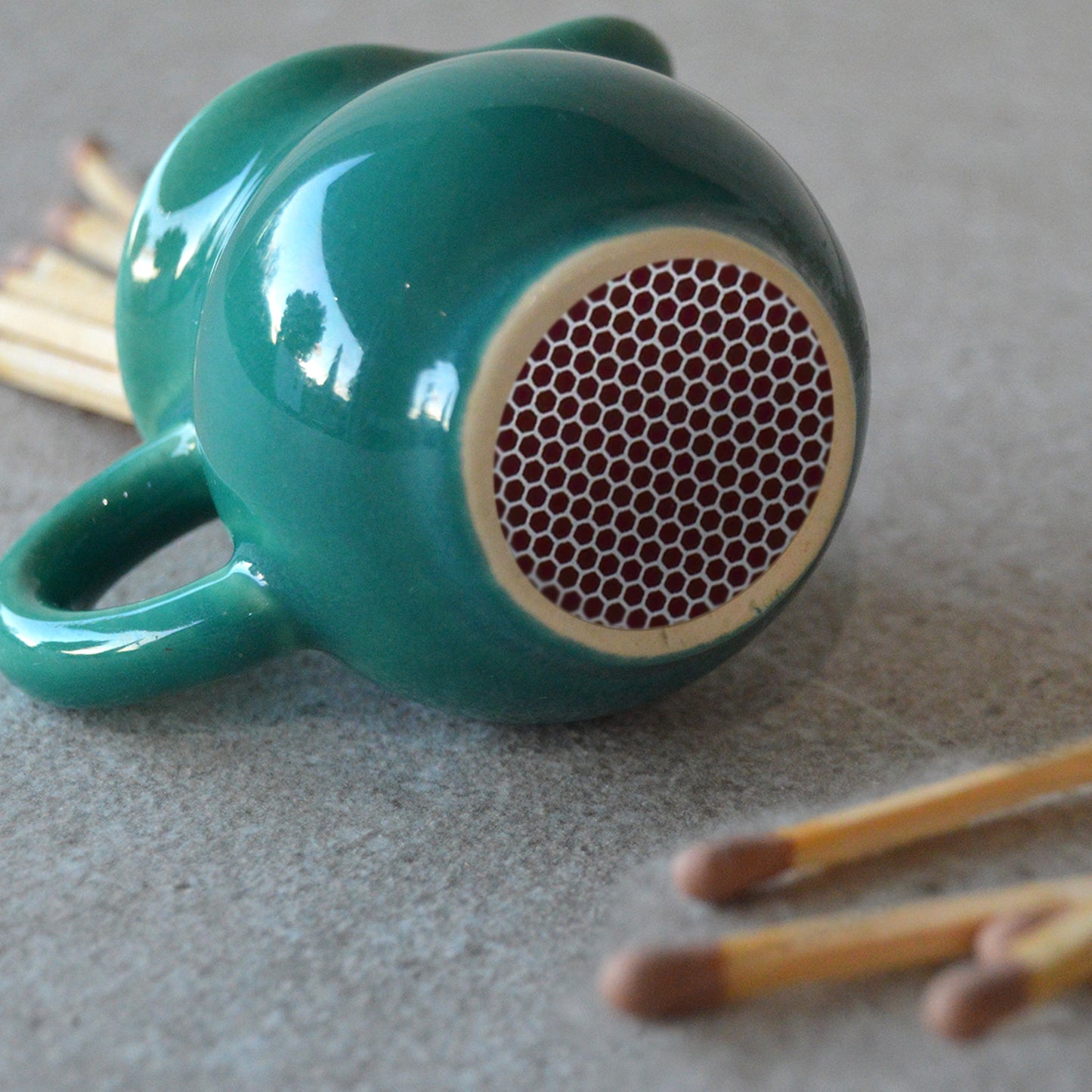 Vintage Green Ceramic Small Creamer Pitcher with Matchsticks and Striker: Matchstick Holder