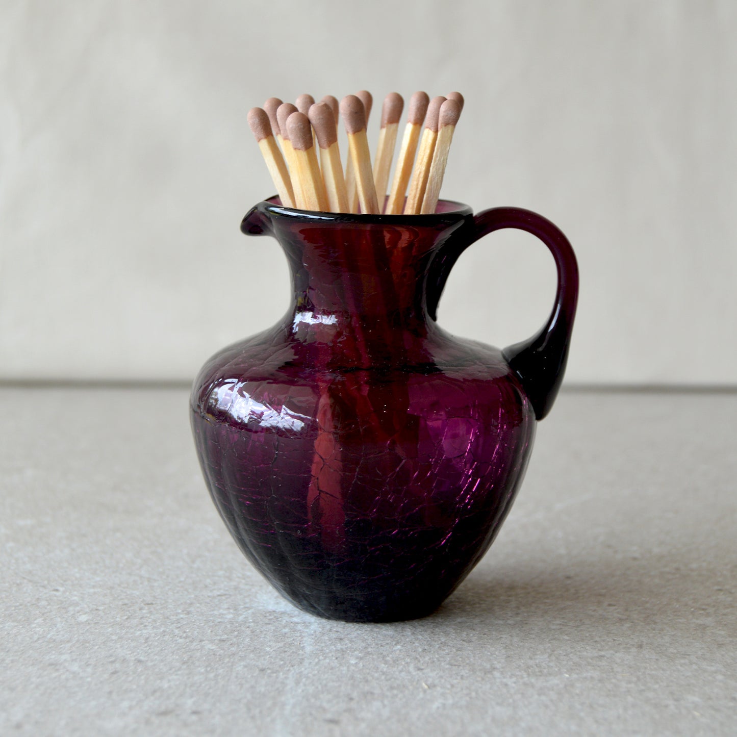 Vintage Amethyst Crackle Style Mini Pitcher with Matchsticks and Striker: Matchstick Holder