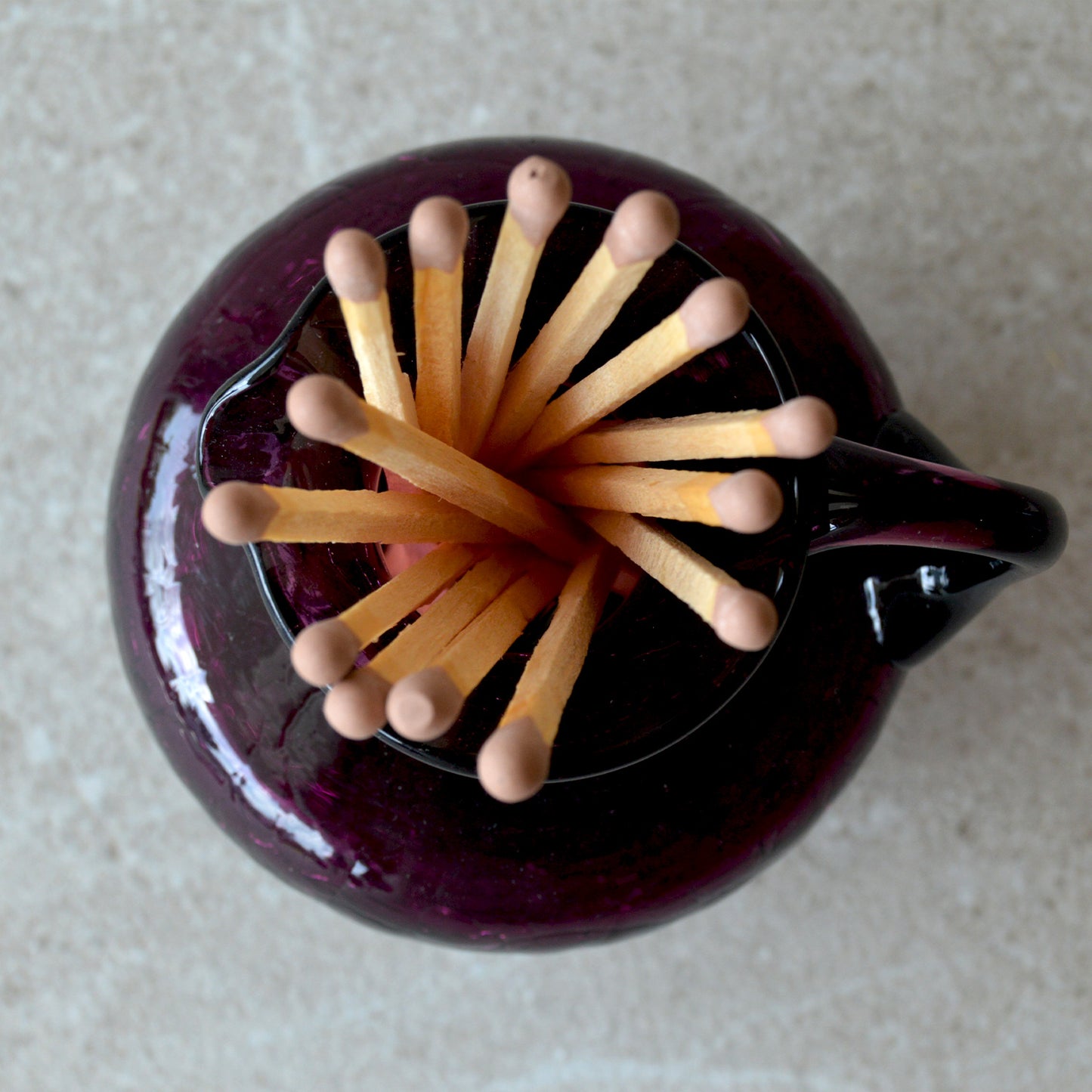Vintage Amethyst Crackle Style Mini Pitcher with Matchsticks and Striker: Matchstick Holder