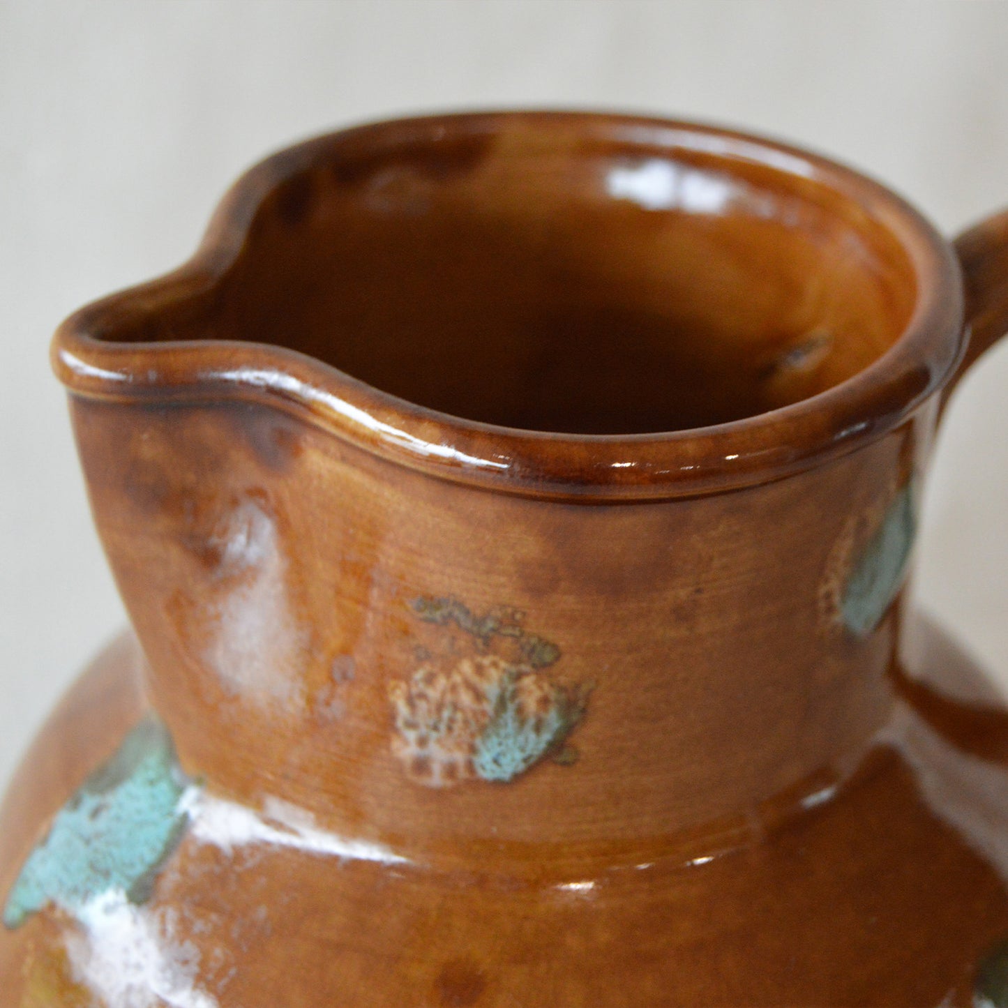 Vintage Ceramic Red Clay and Turquoise Handled Pitcher