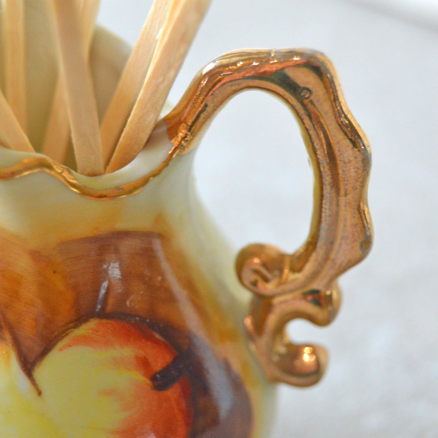 Vintage Enesco Mini Porcelain Pitcher Hand Painted Fruit Gold Trimmed Matchsticks and Striker: Matchstick Holder