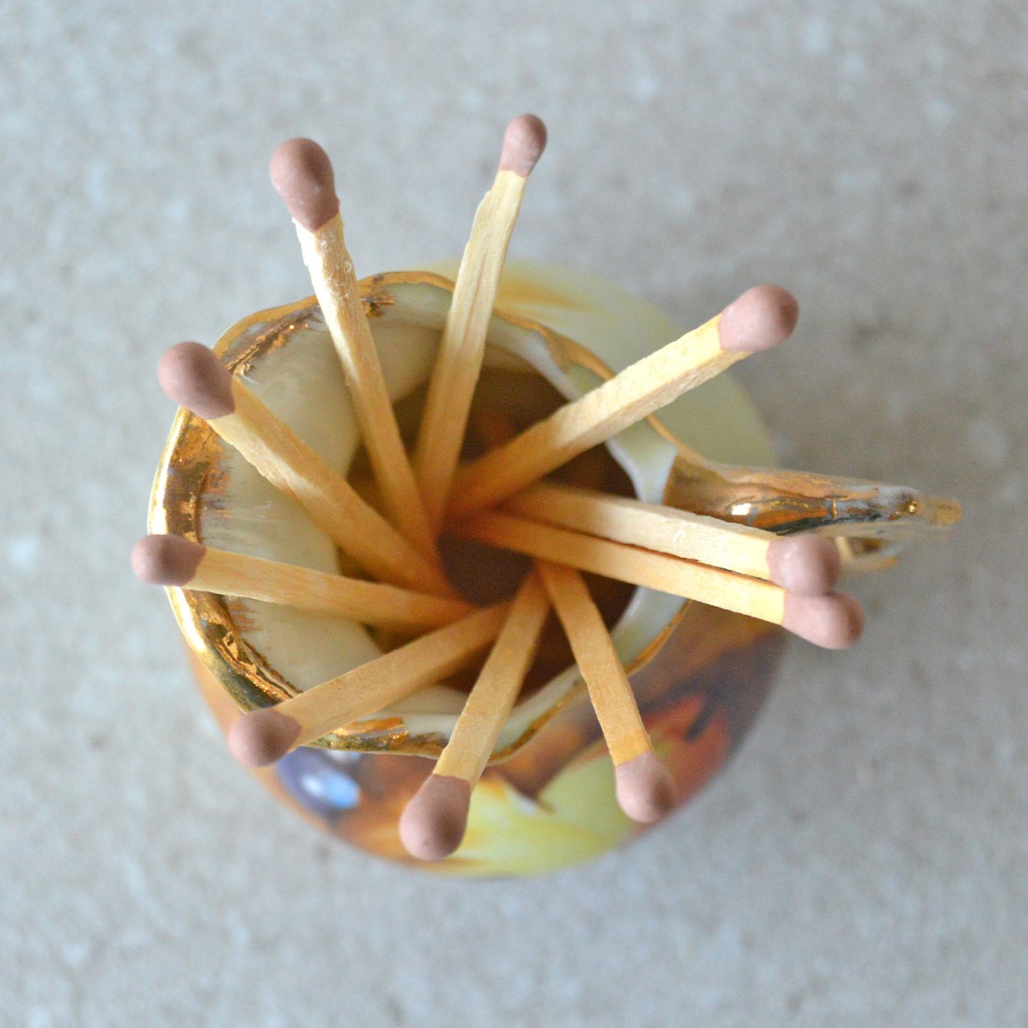 Vintage Enesco Mini Porcelain Pitcher Hand Painted Fruit Gold Trimmed Matchsticks and Striker: Matchstick Holder