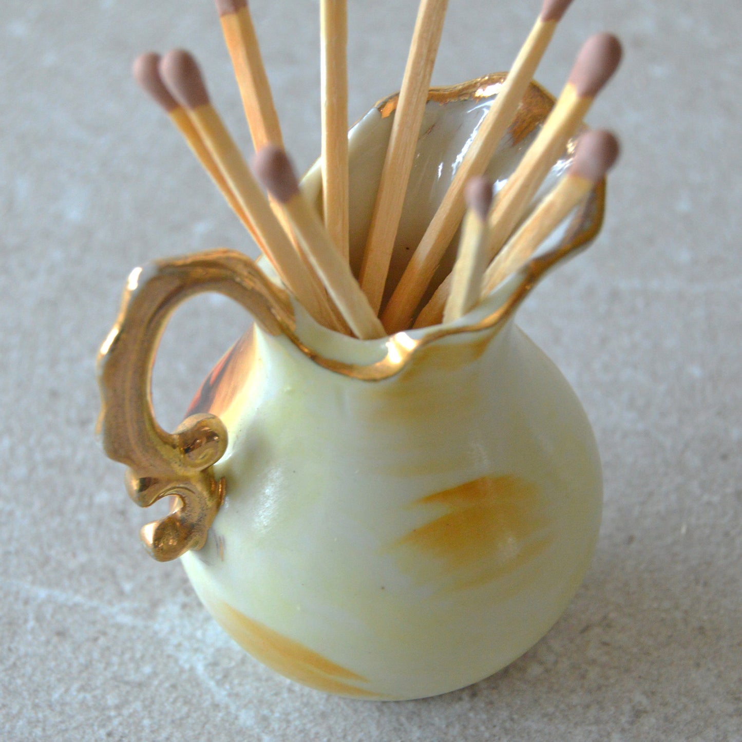 Vintage Enesco Mini Porcelain Pitcher Hand Painted Fruit Gold Trimmed Matchsticks and Striker: Matchstick Holder
