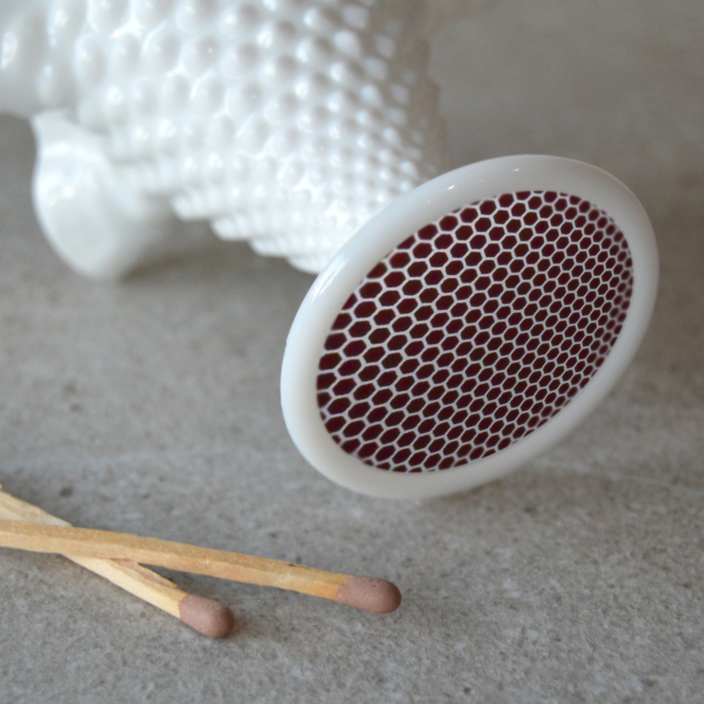 Vintage Fenton Milk Glass Hobnail Ruffled Vase with Matchsticks and Striker: Matchstick Holder