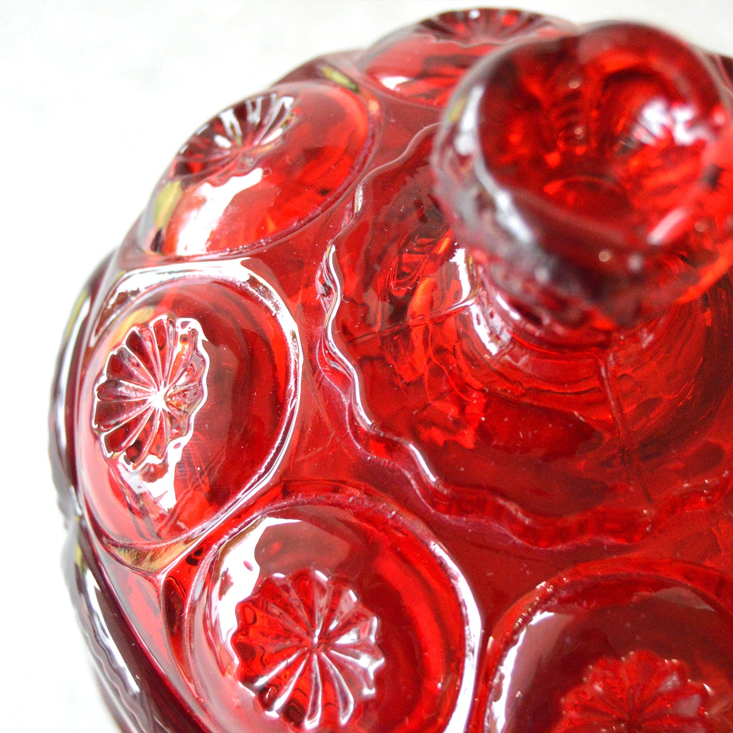 Vintage LE Smith Red Amberina Moon and Stars Footed Candy jar with Lid (1950s)