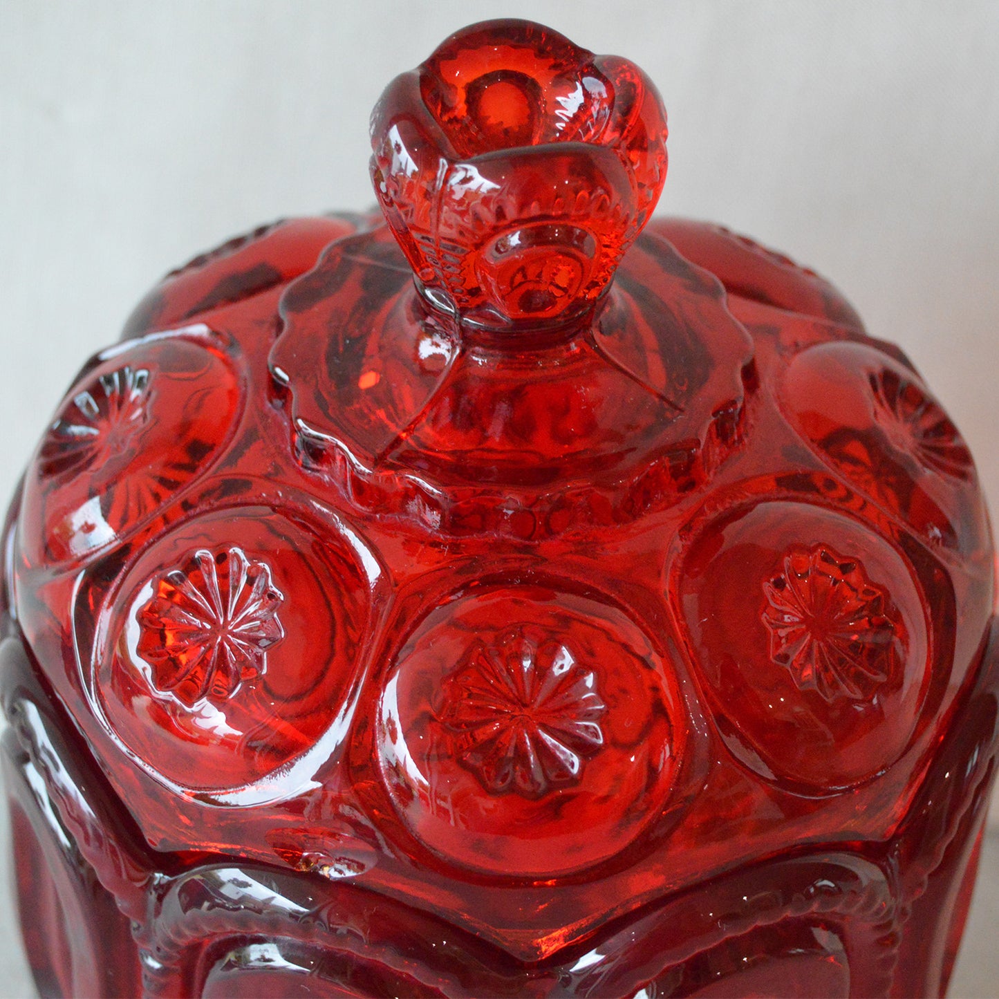 Vintage LE Smith Red Amberina Moon and Stars Footed Candy jar with Lid (1950s)