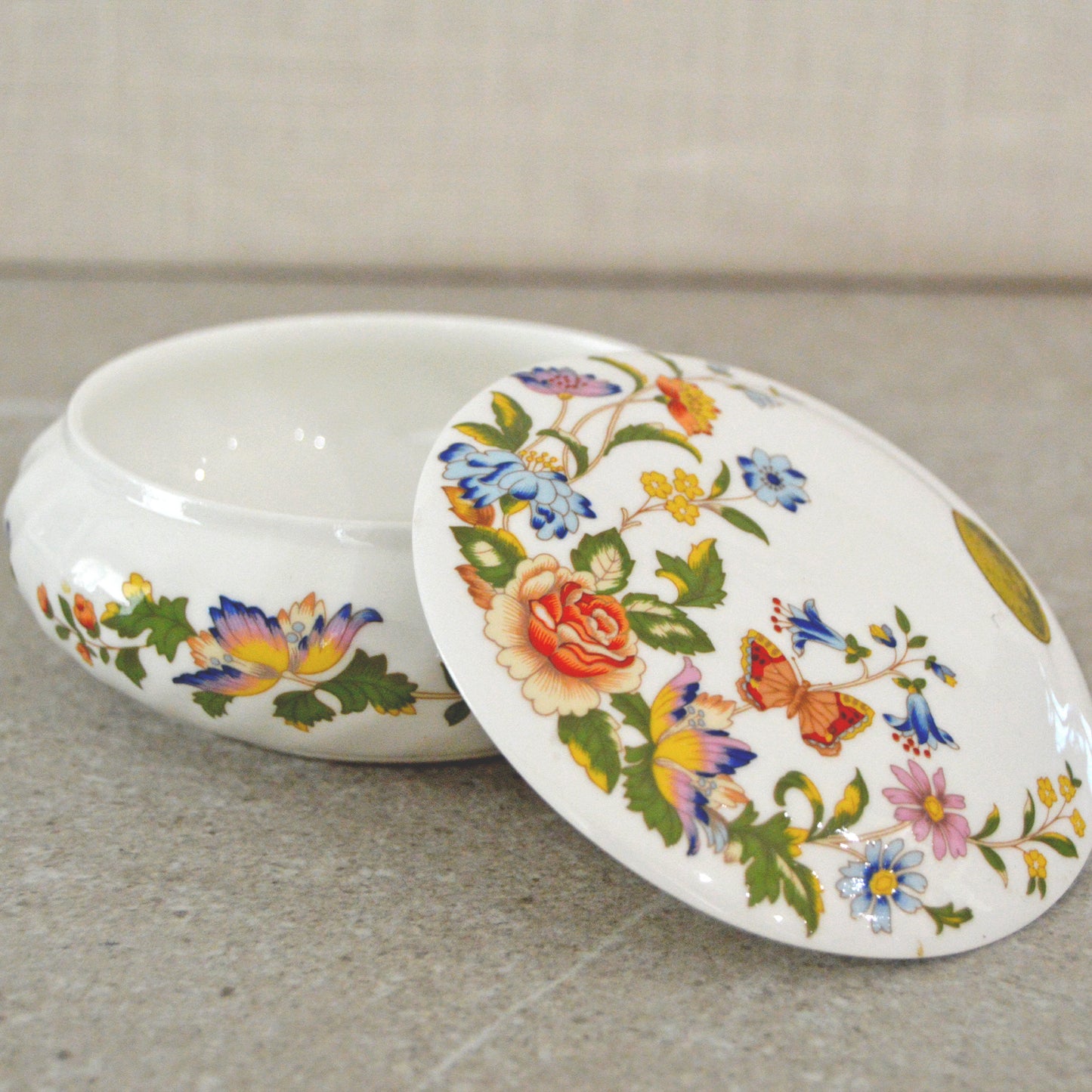Vintage Bone China Aynsley Cottage Garden Lidded Trinket Box (England, 1970s)