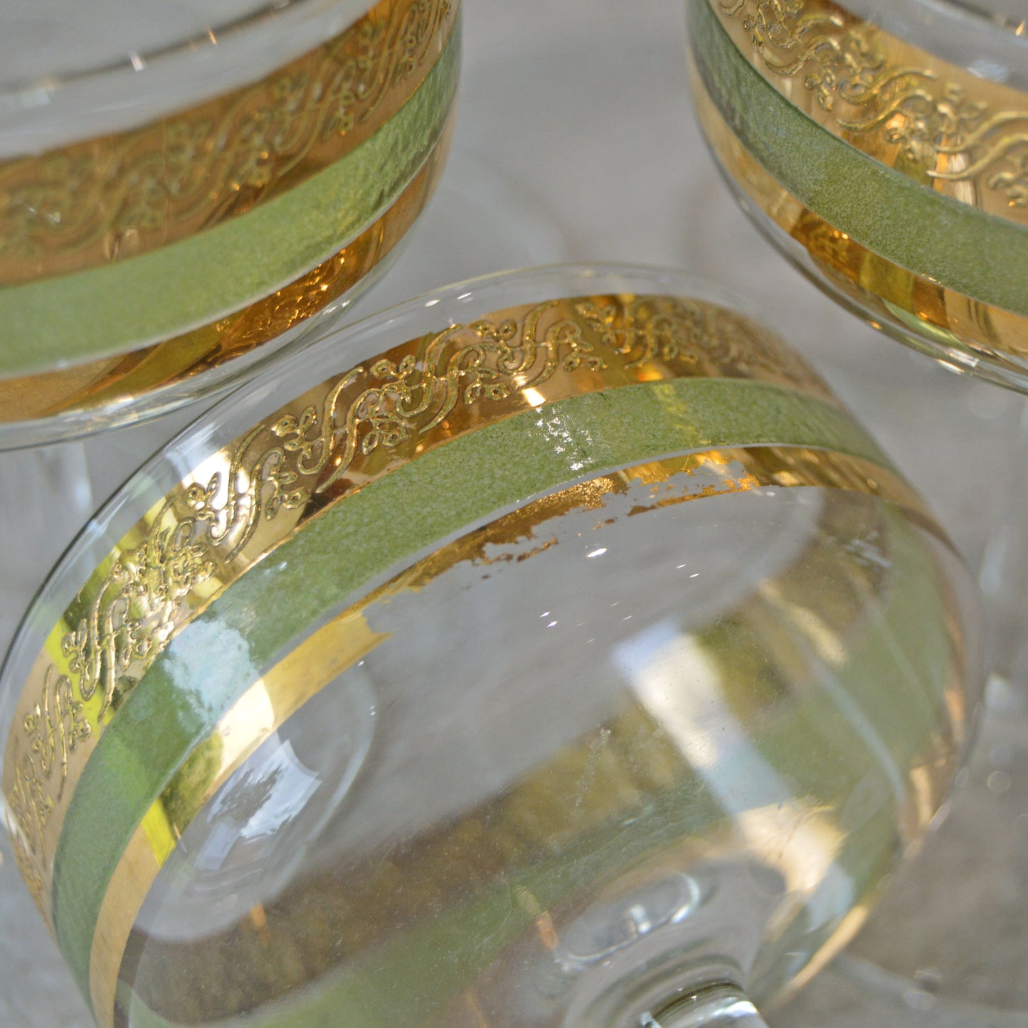 Vintage Starlyte Green & Gold Scroll Coupes, set of 6 (1960s)