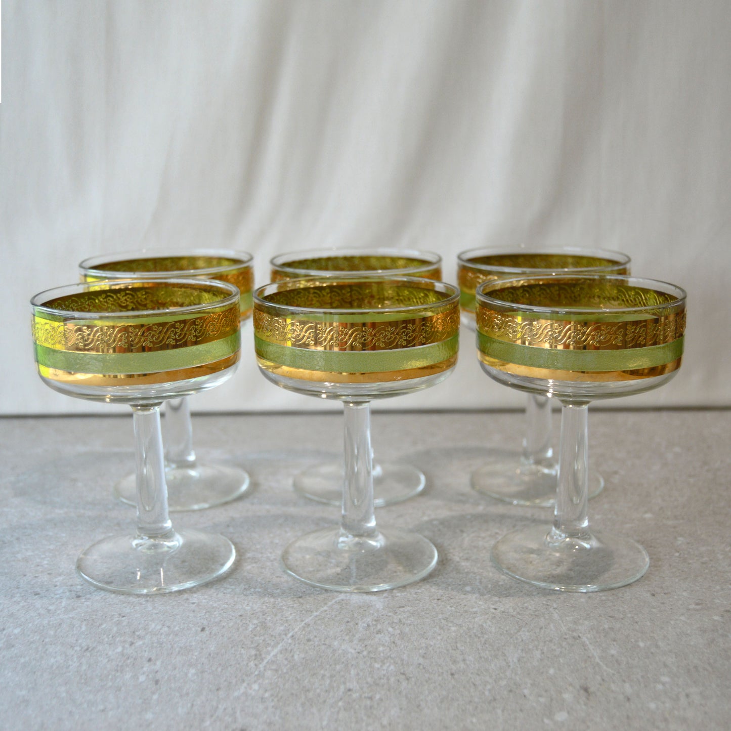 Vintage Starlyte Green & Gold Scroll Coupes, set of 6 (1960s)