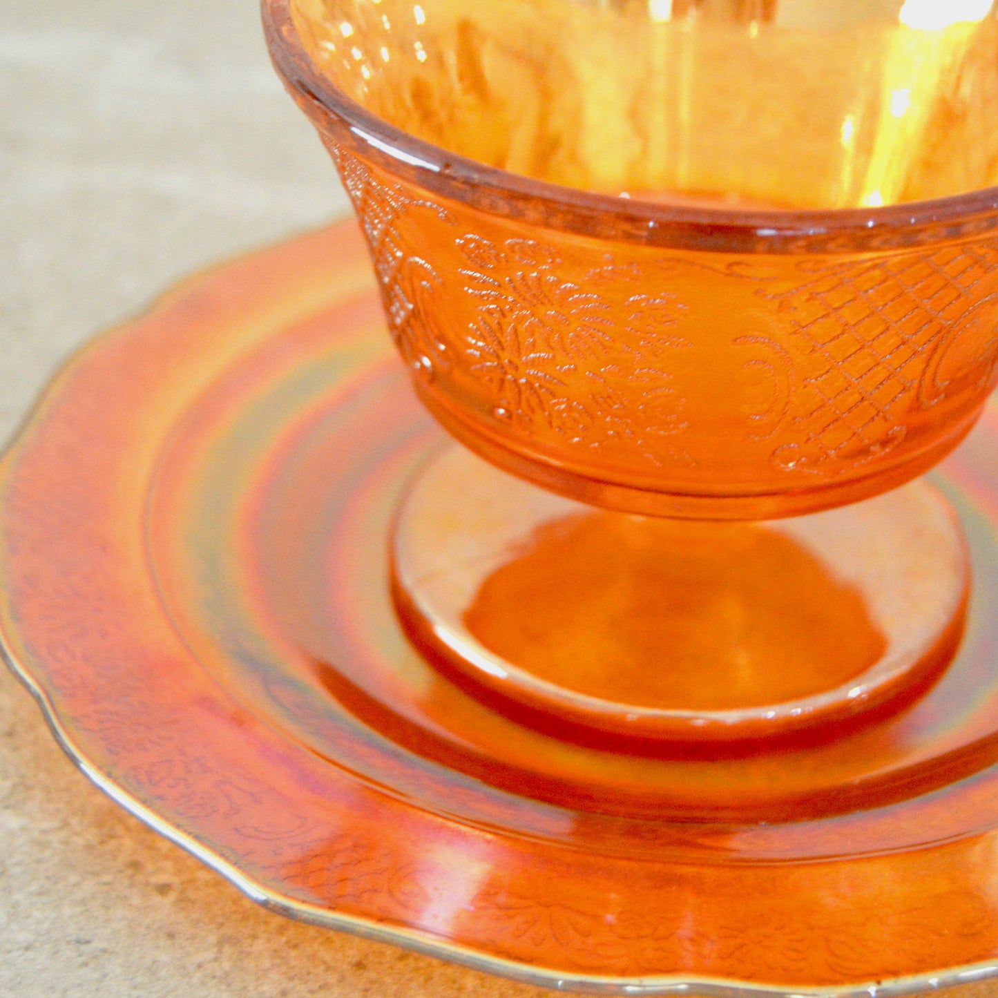 Vintage Floral Federal Glass Normandie Iridescent Marigold Carnival Glass Dessert Cup with Saucer (1940s)