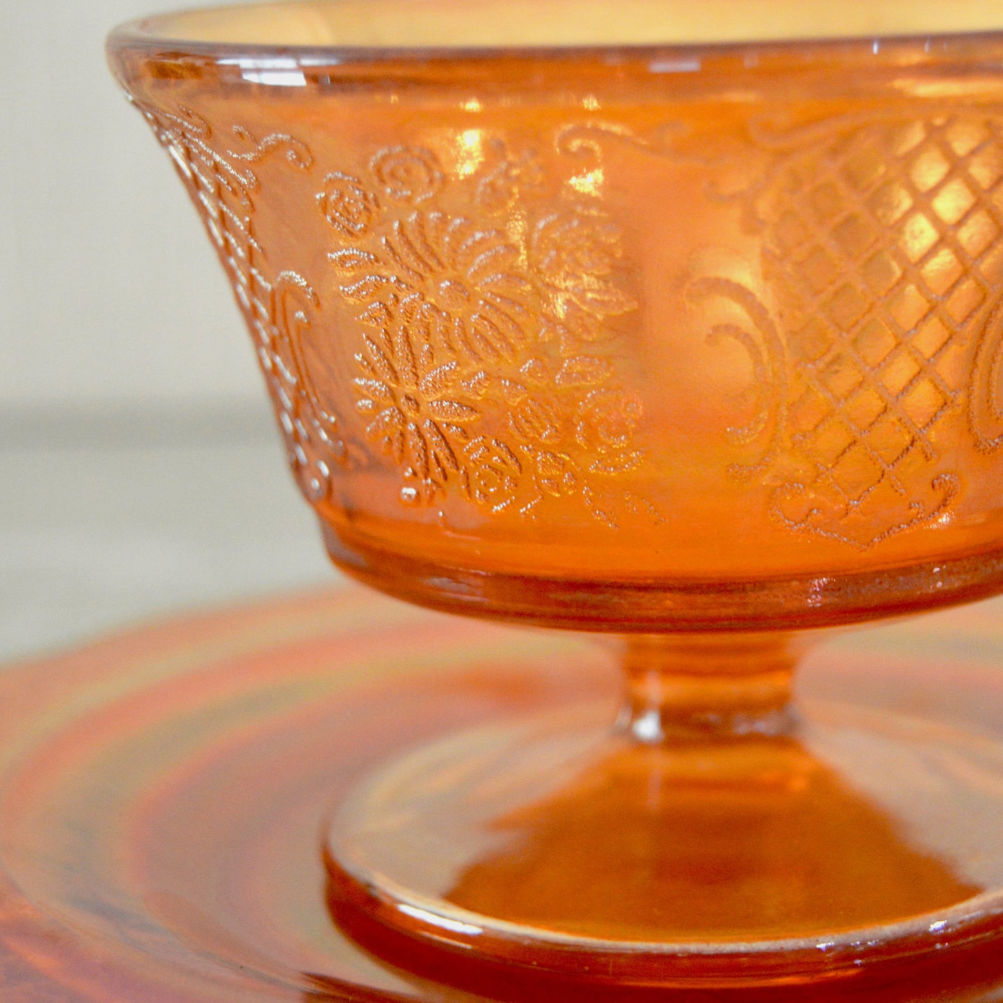 Vintage Floral Federal Glass Normandie Iridescent Marigold Carnival Glass Dessert Cup with Saucer (1940s)