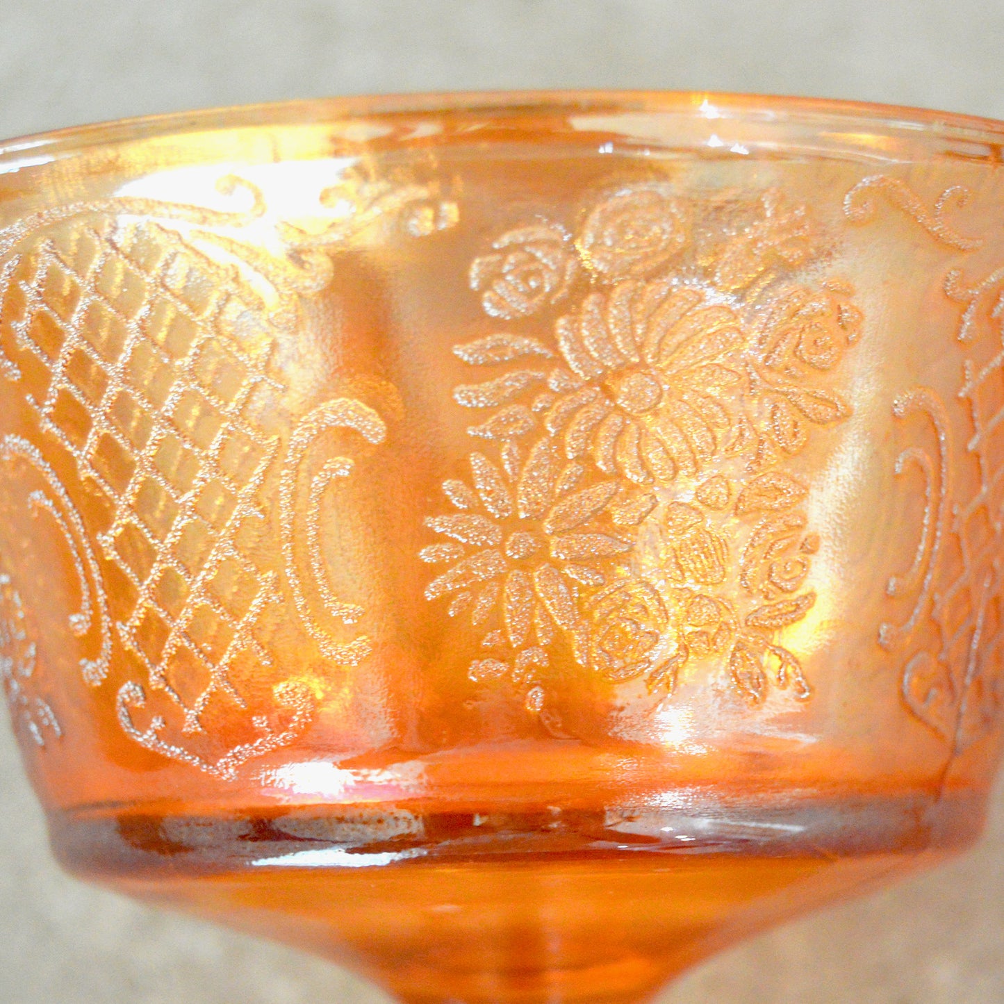 Vintage Floral Federal Glass Normandie Iridescent Marigold Carnival Glass Dessert Cup with Saucer (1940s)