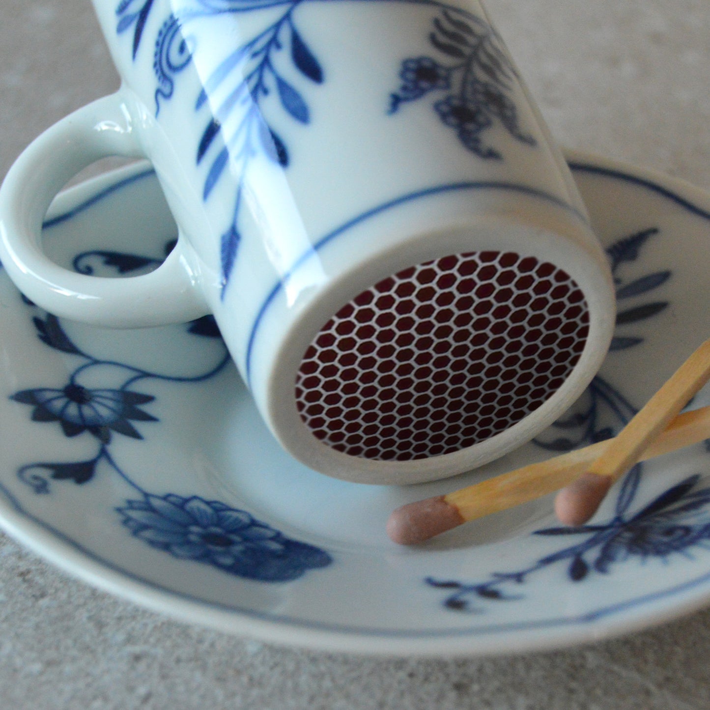 Blue Danube Blue Onion Inrish Coffee Cup and Saucer with Matchsticks and Striker: Matchstick Holder