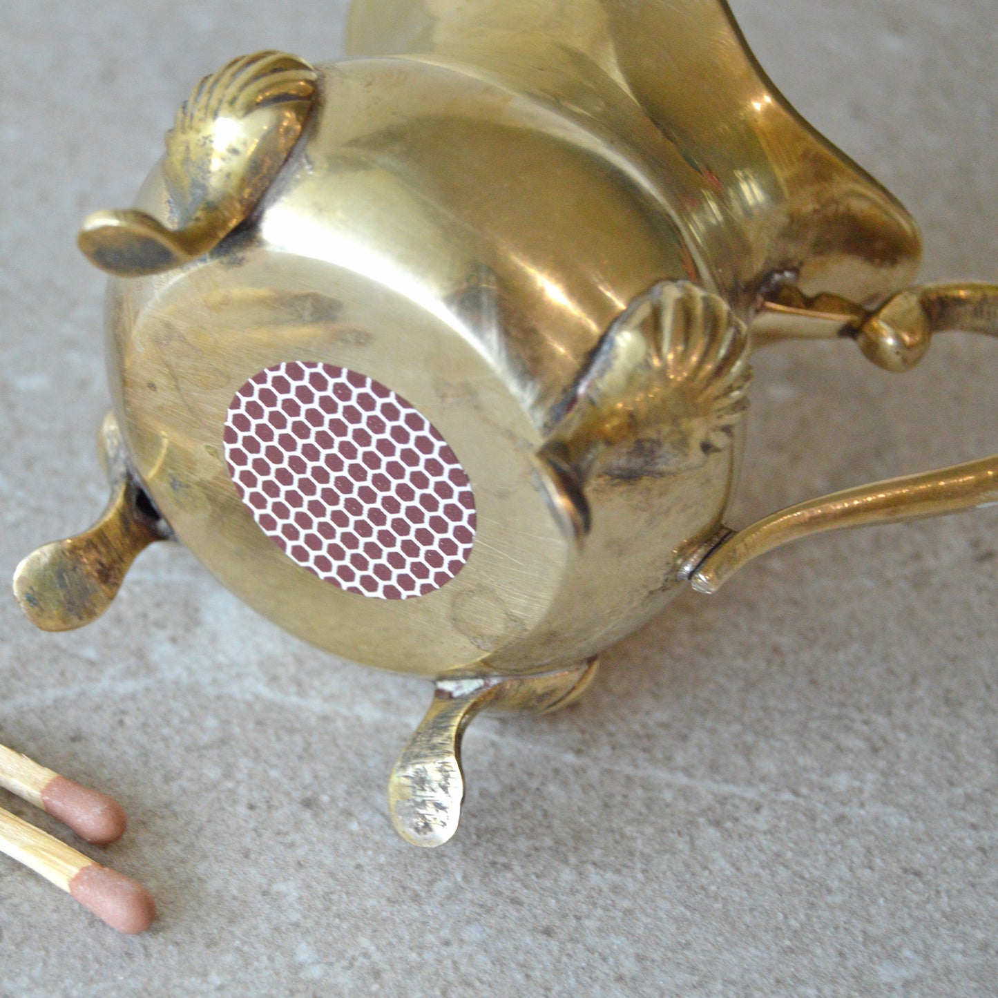 Brass Footed Creamer Matchsticks and Striker: Matchstick Holder