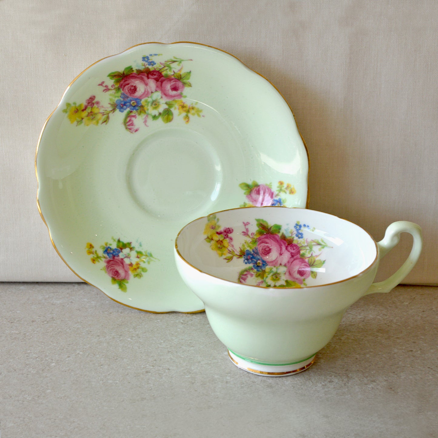 Vintage Green Foley Tulip EB Foley China Tea Cup & Saucer Teacup Set (1930s)