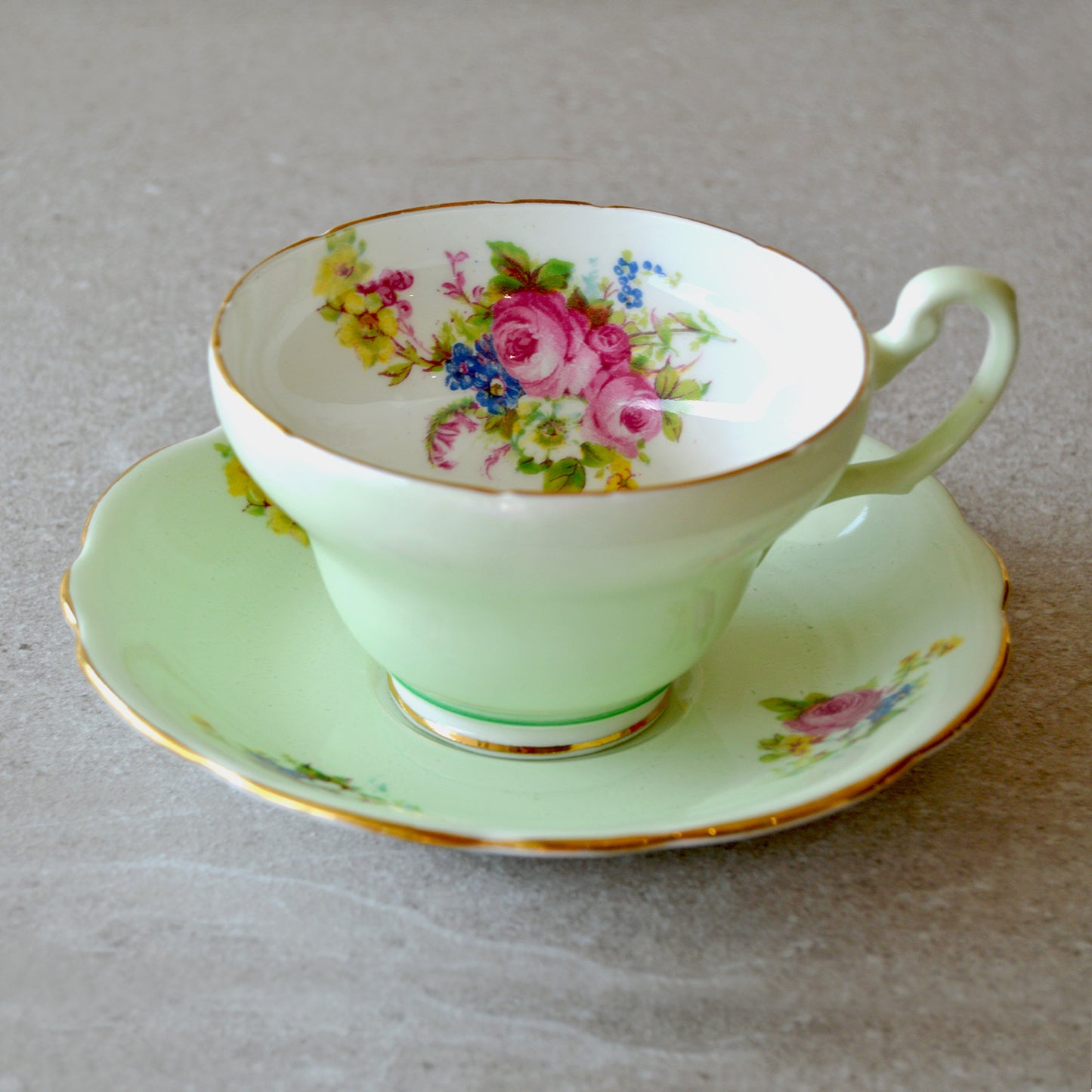 Vintage Green Foley Tulip EB Foley China Tea Cup & Saucer Teacup Set (1930s)