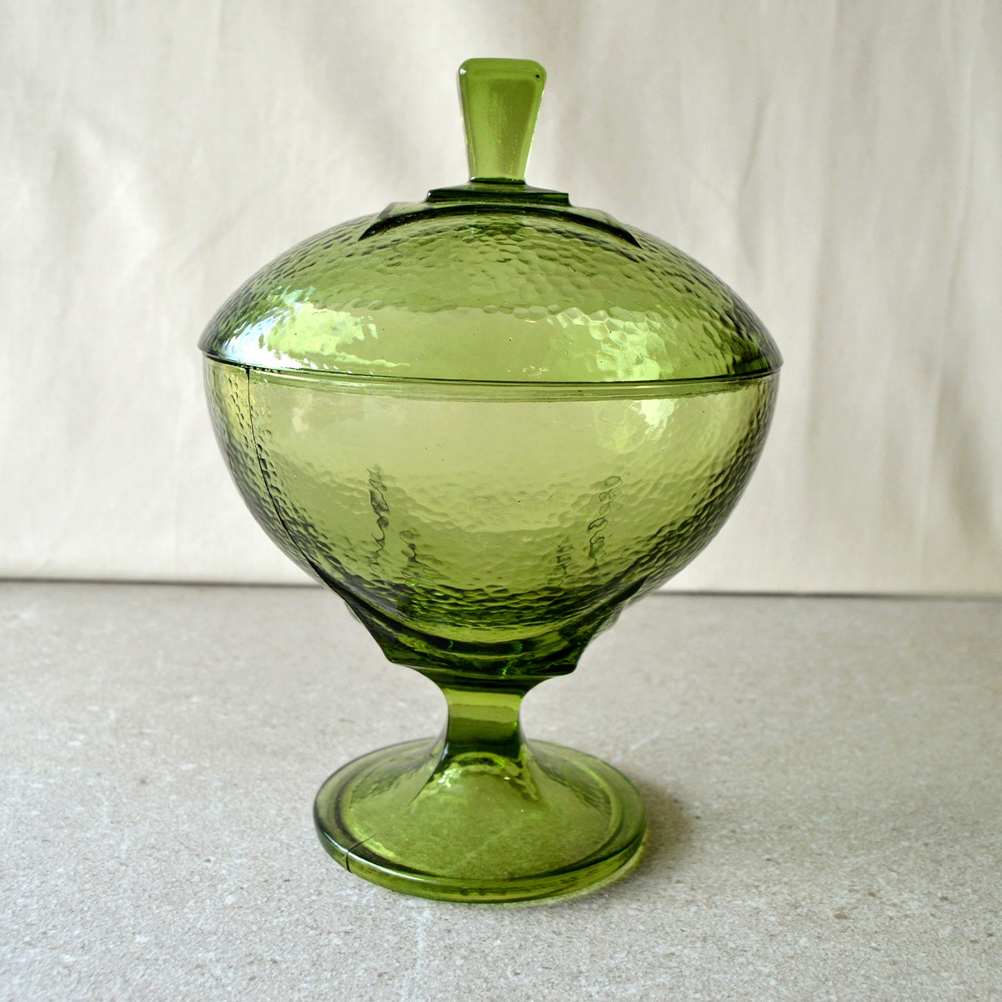 Vintage Hazel Atlas Glass Avocado Green Candy Dish with Lid (1970s)