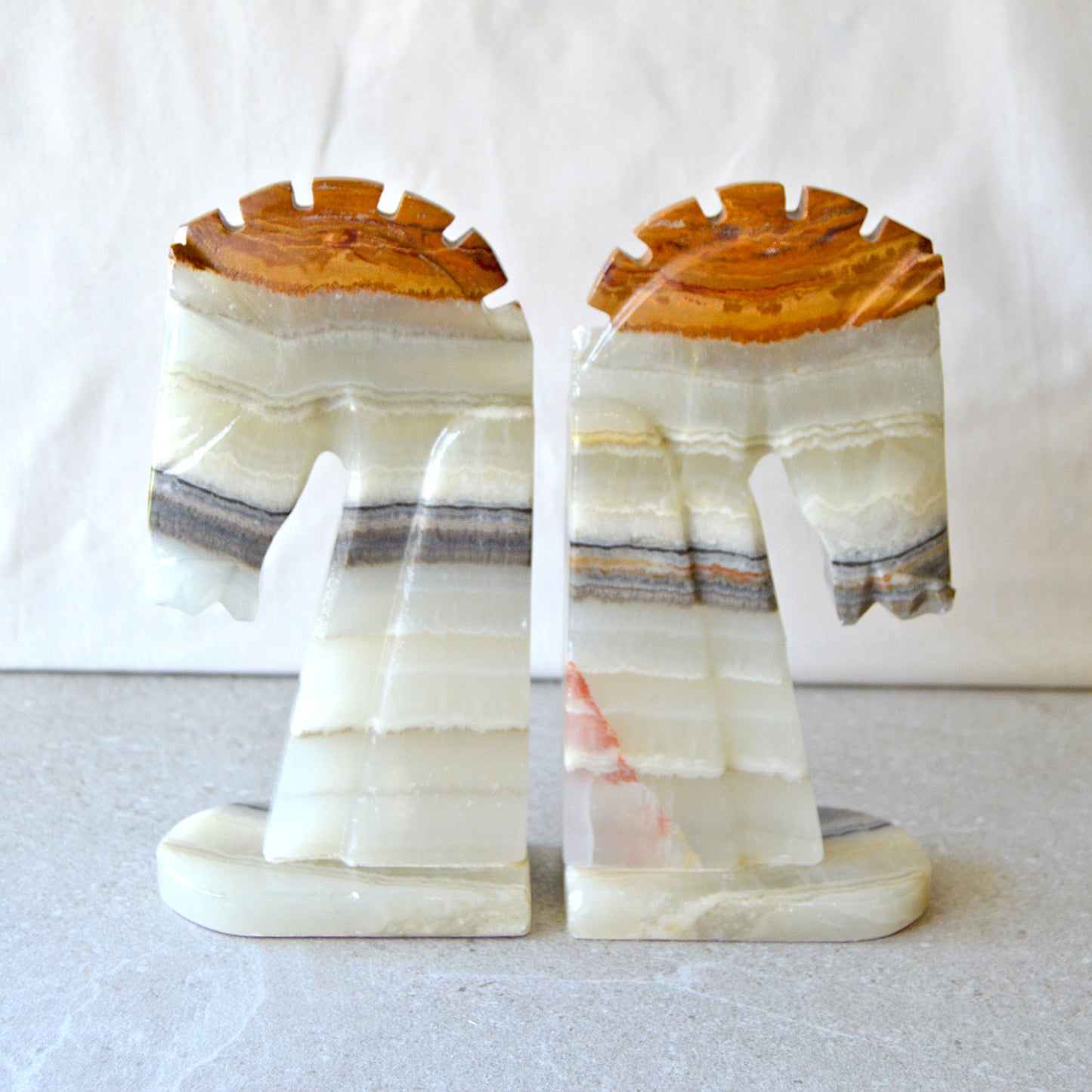 Vintage Pair of Onyx Stone Horse Chess Knight Bookends