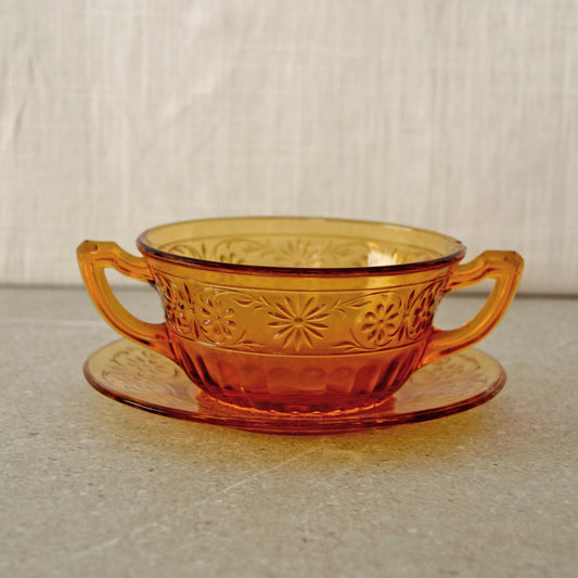 Indiana Glass Co. Amber Daisy Pattern Cream Soup Bowl and Saucer