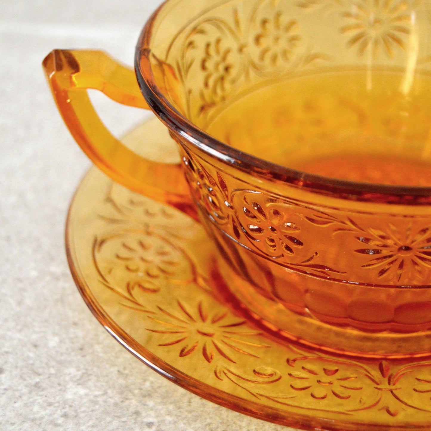 Indiana Glass Co. Amber Daisy Pattern Cream Soup Bowl and Saucer