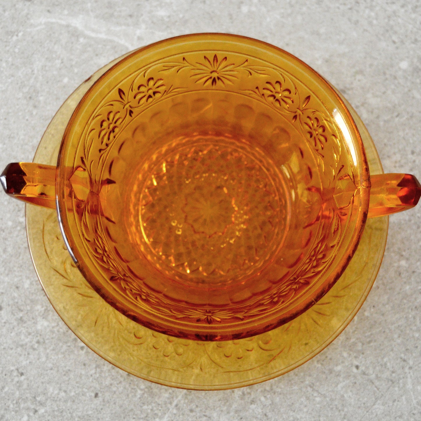 Indiana Glass Co. Amber Daisy Pattern Cream Soup Bowl and Saucer