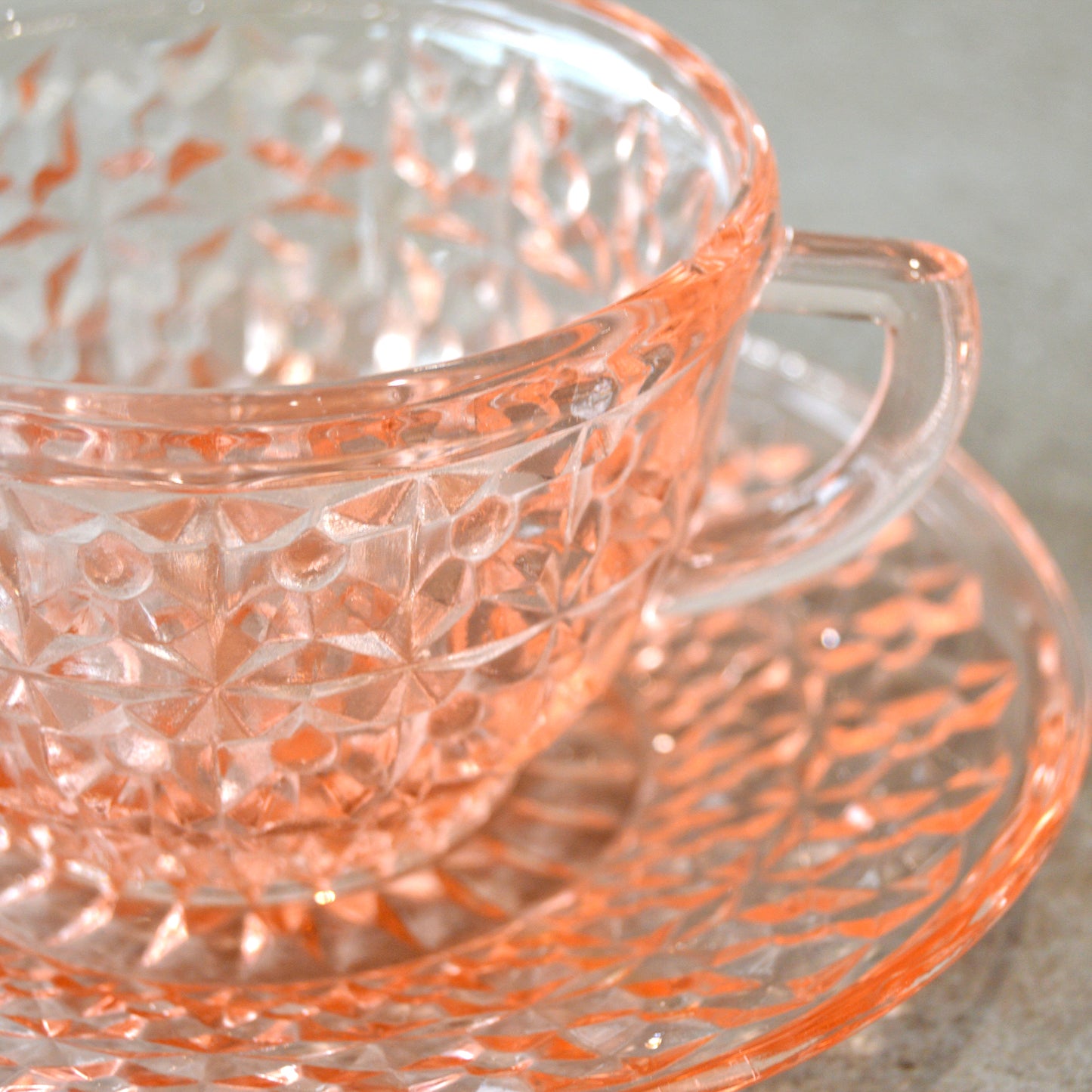 Vintage Jeannette Holiday Button & Bows Pink Cup & Saucer (1940s)