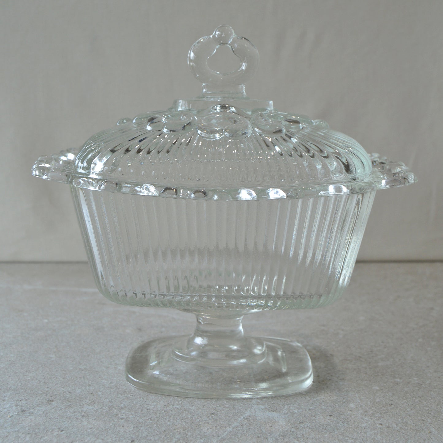 Vintage Clear Indiana Lace Edge Pattern Candy Dish with Pedestal (1960s)