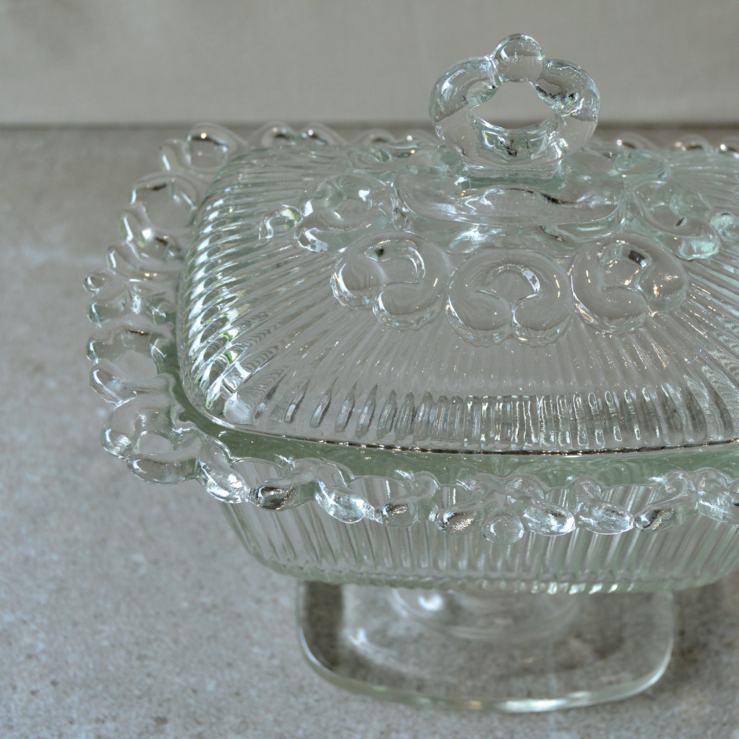 Vintage Clear Indiana Lace Edge Pattern Candy Dish with Pedestal (1960s)