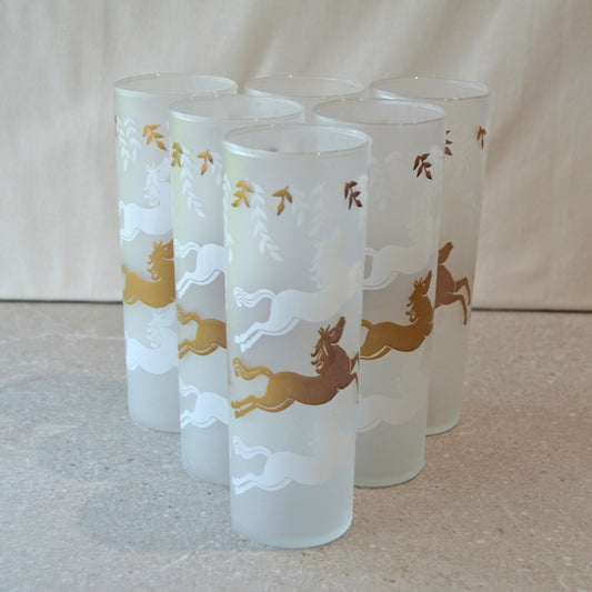Vintage MCM Libbey Cavalcade Collection Tall Frosted Tom Collins Highball Glasses, Set of 6 (1950s)