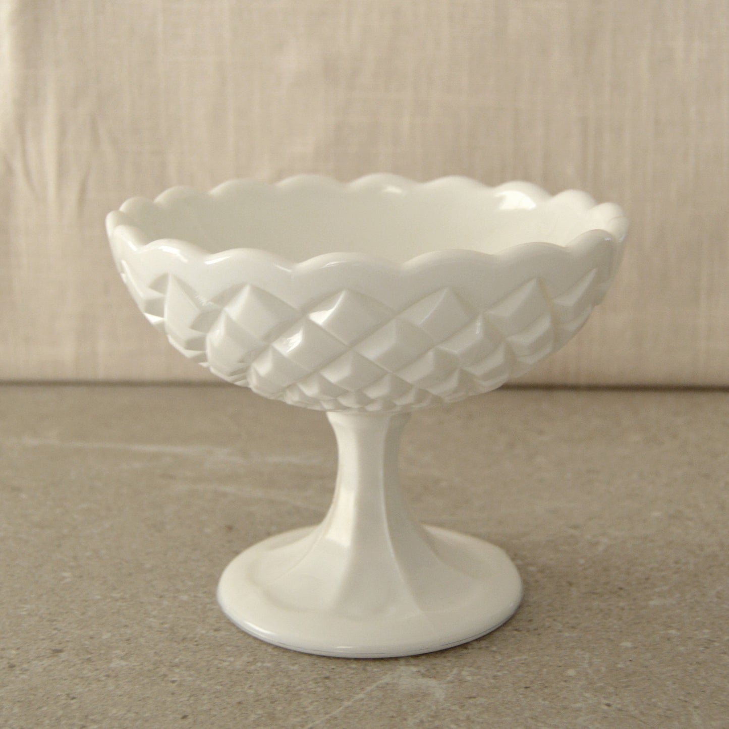 Vintage Scalloped Edge Milk Glass Footed Serving Dish with Waffle Pattern (1960s)