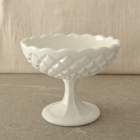 Vintage Scalloped Edge Milk Glass Footed Serving Dish with Waffle Pattern (1960s)