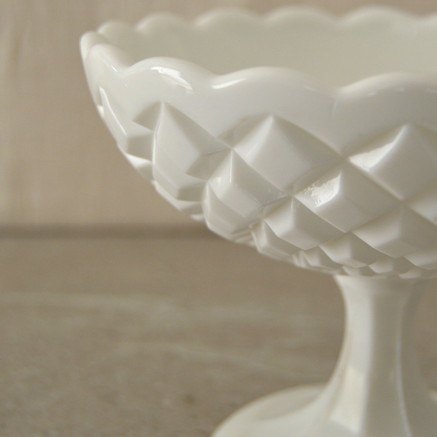 Vintage Scalloped Edge Milk Glass Footed Serving Dish with Waffle Pattern (1960s)