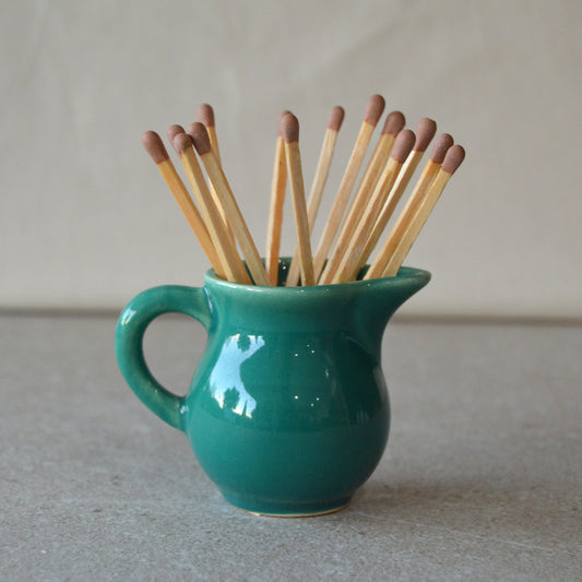 Vintage Green Ceramic Small Creamer Pitcher with Matchsticks and Striker: Matchstick Holder