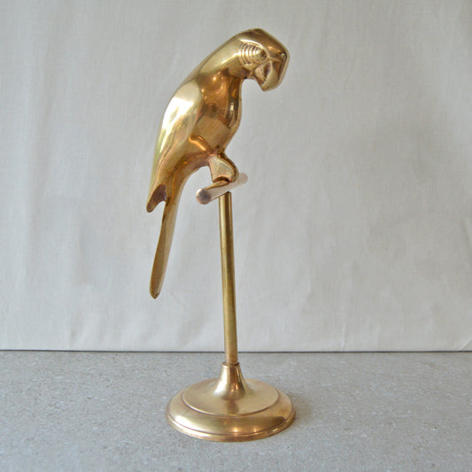 Vintage Solid Brass Parrot on Perch Statue (1970s)