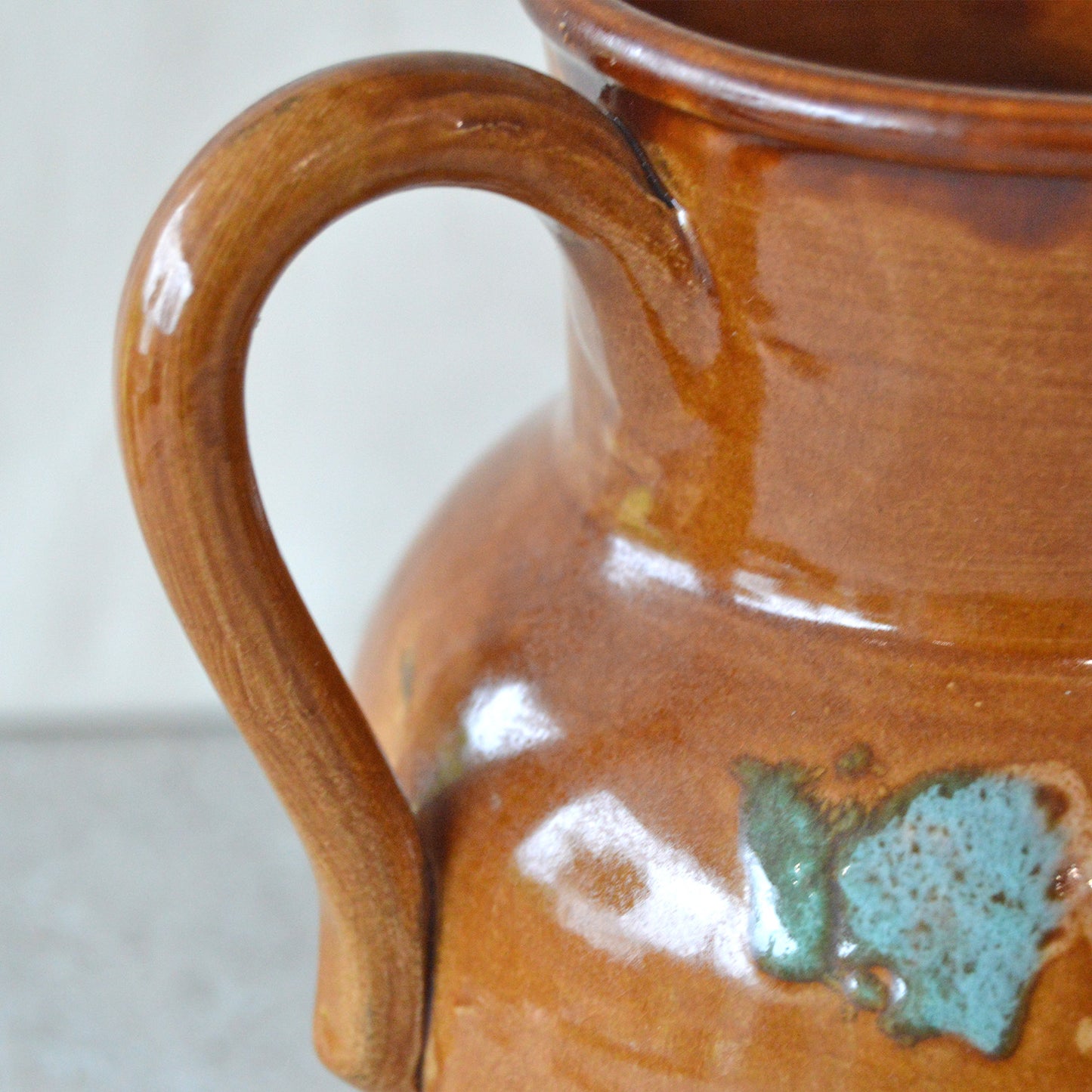 Vintage Ceramic Red Clay and Turquoise Handled Pitcher