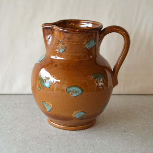 Vintage Ceramic Red Clay and Turquoise Handled Pitcher