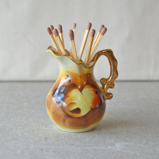 Vintage Enesco Mini Porcelain Pitcher Hand Painted Fruit Gold Trimmed Matchsticks and Striker: Matchstick Holder