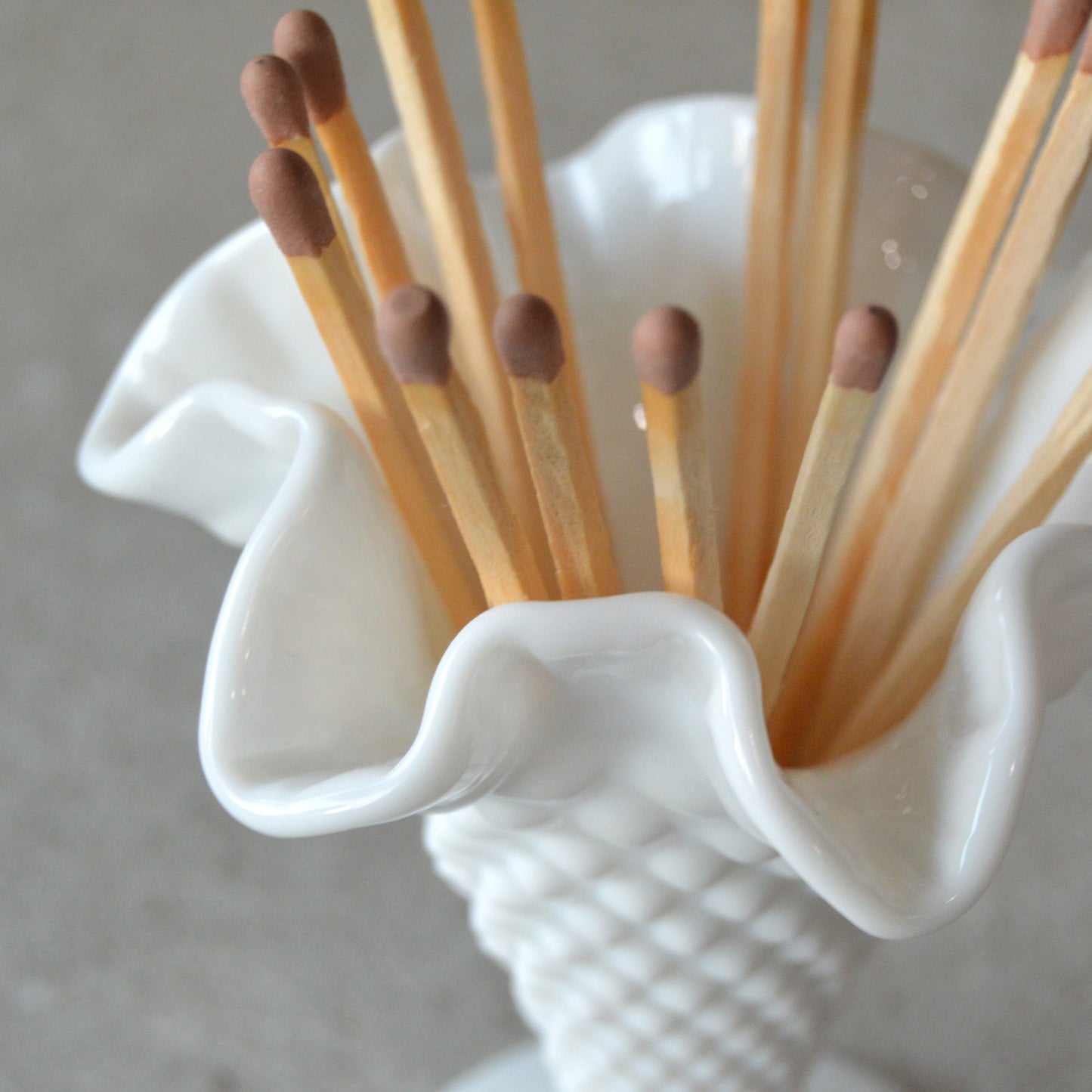 Vintage Fenton Milk Glass Hobnail Ruffled Vase with Matchsticks and Striker: Matchstick Holder