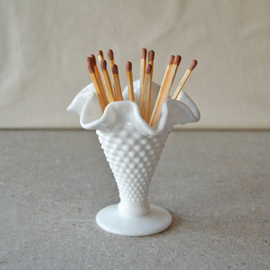 Vintage Fenton Milk Glass Hobnail Ruffled Vase with Matchsticks and Striker: Matchstick Holder