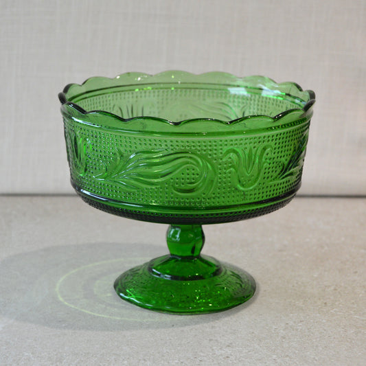Vintage Green E O Brody Co Pressed Glass Pedestal Bowl (1960s)