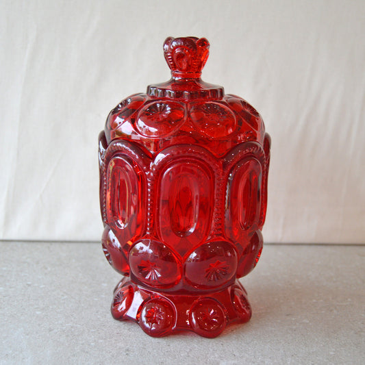 Vintage LE Smith Red Amberina Moon and Stars Footed Candy jar with Lid (1950s)
