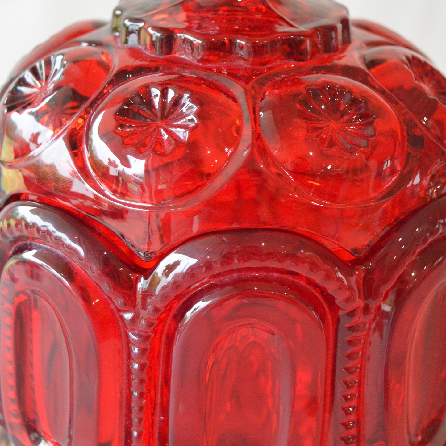 Vintage LE Smith Red Amberina Moon and Stars Footed Candy jar with Lid (1950s)