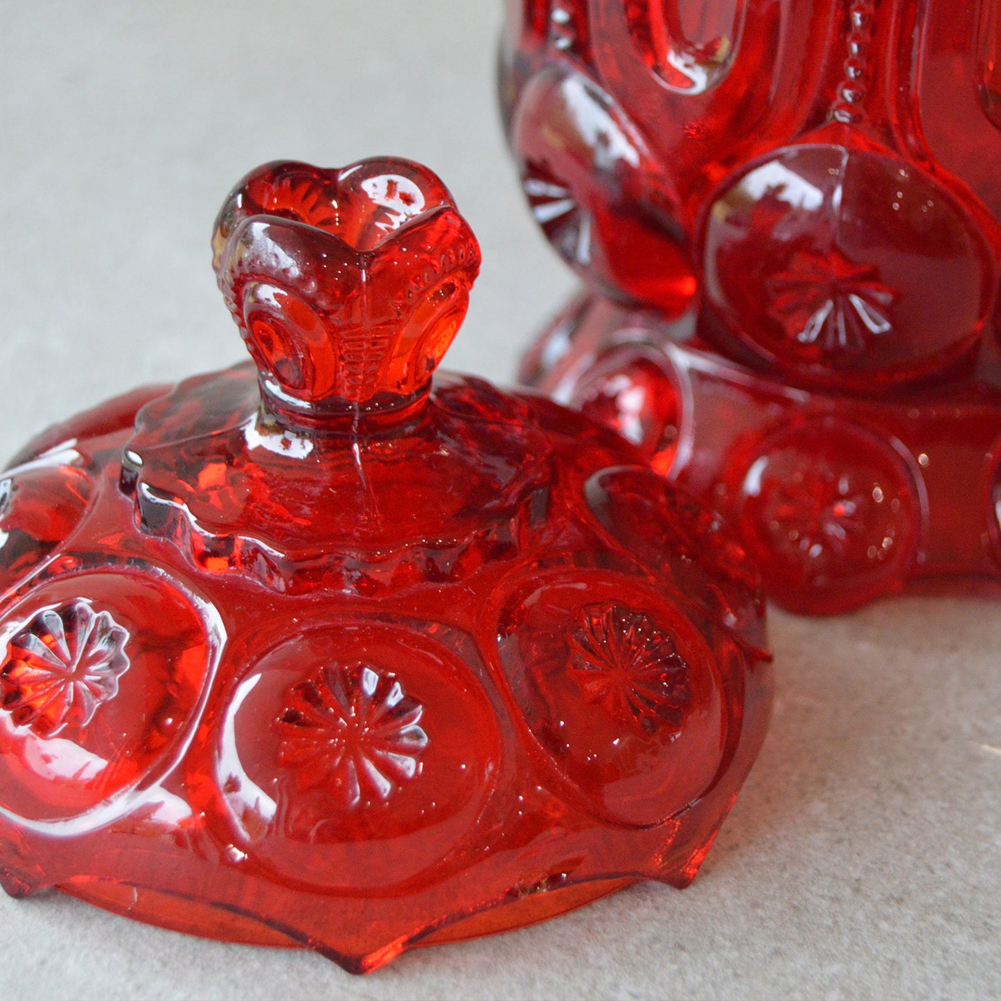 Vintage LE Smith Red Amberina Moon and Stars Footed Candy jar with Lid (1950s)