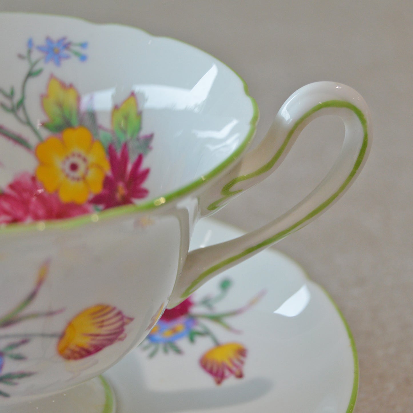 Vintage Shelley Green Floral Teacup & Saucer (1950s)