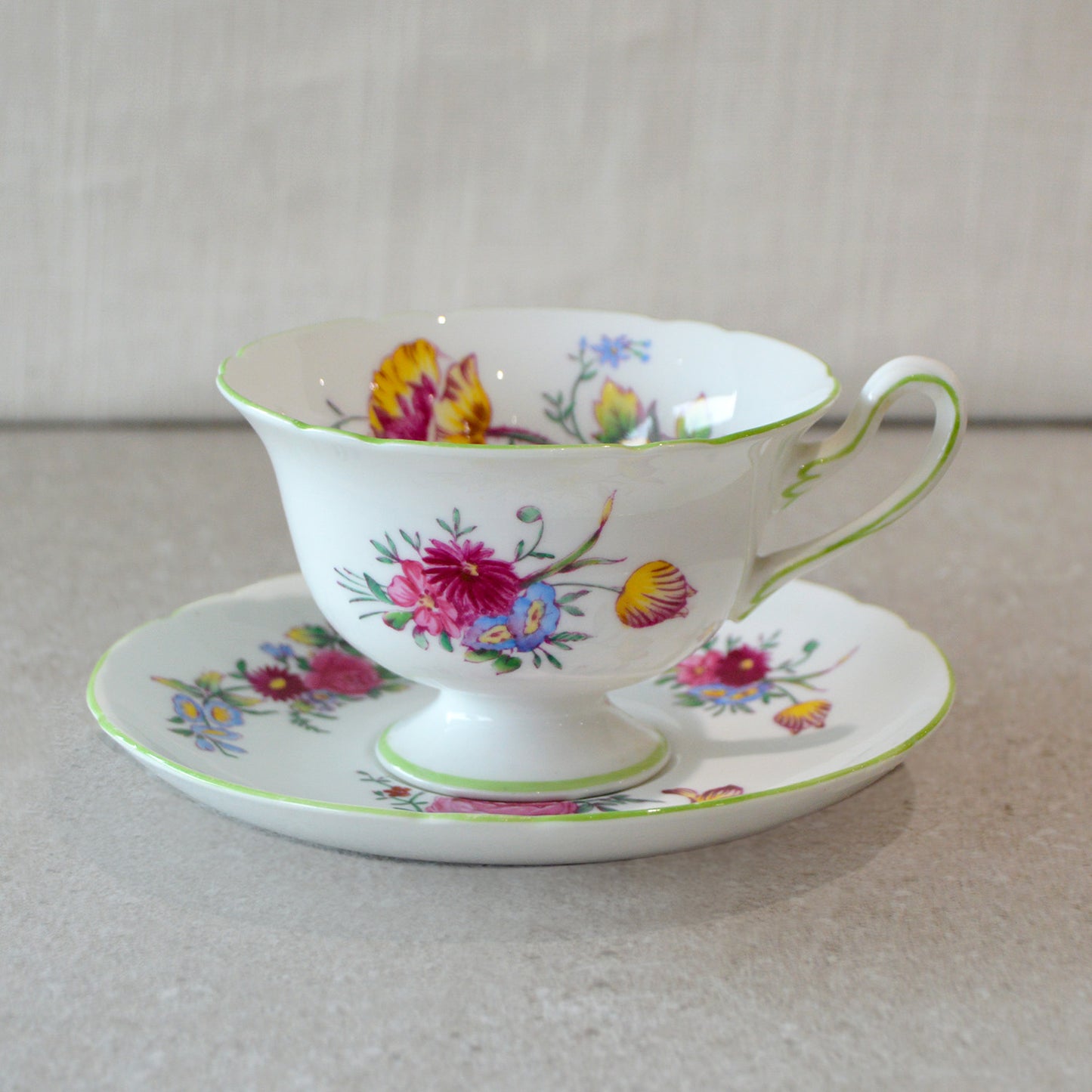Vintage Shelley Green Floral Teacup & Saucer (1950s)