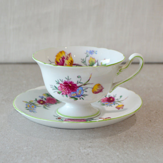 Vintage Shelley Green Floral Teacup & Saucer (1950s)