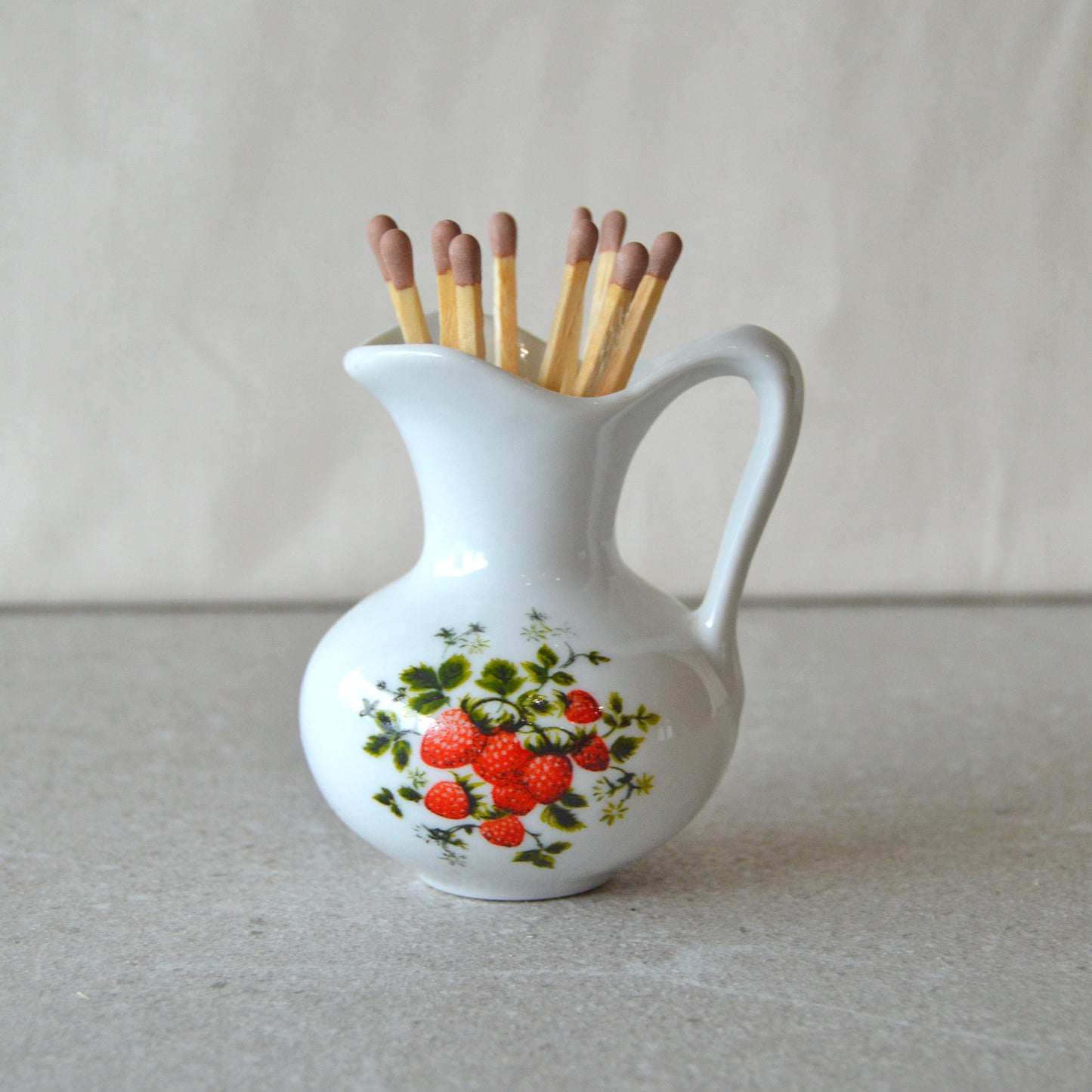 Vintage White Creamer with Strawberries Matchsticks and Striker: Matchstick Holder