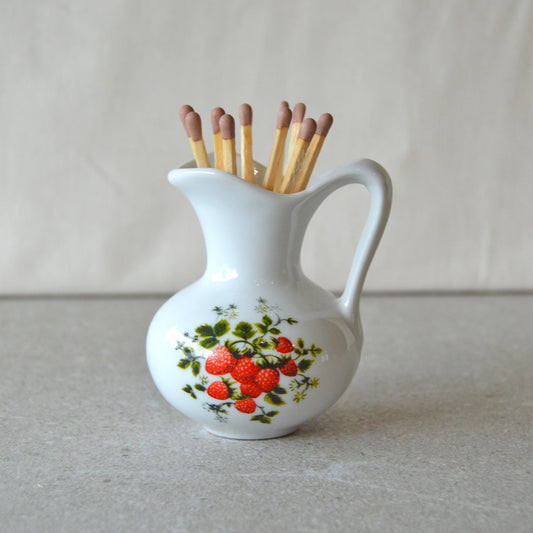 Vintage White Creamer with Strawberries Matchsticks and Striker: Matchstick Holder