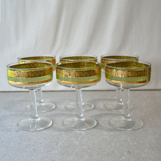 Vintage Starlyte Green & Gold Scroll Coupes, set of 6 (1960s)